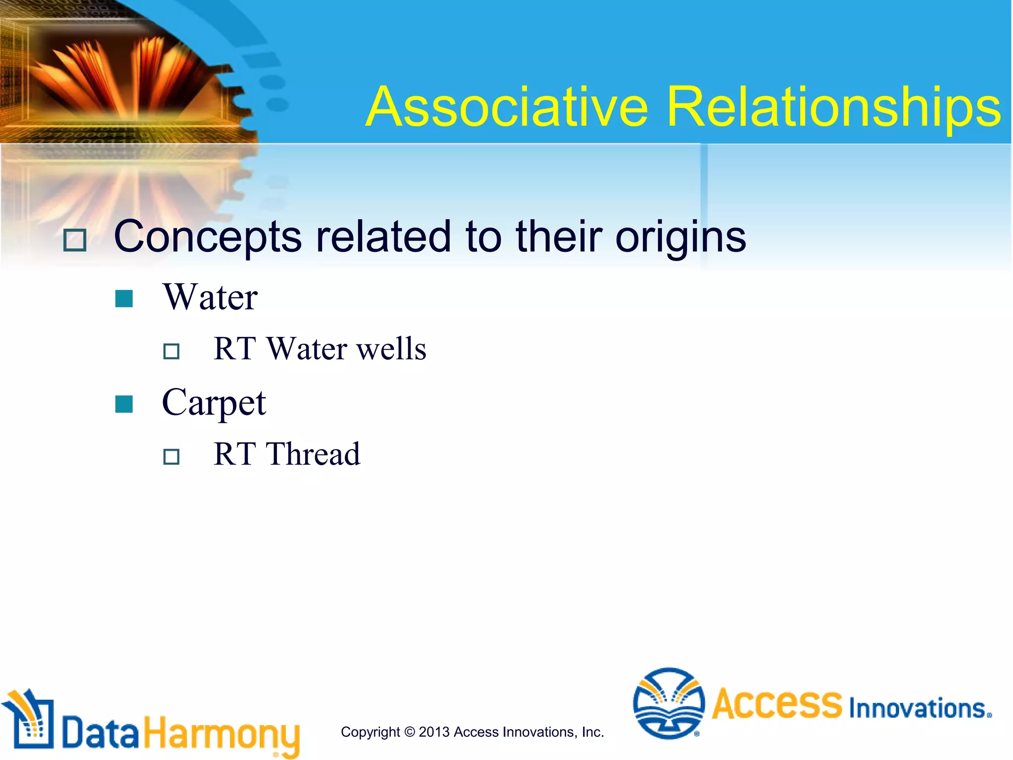 Associative Relationships
 Concepts related to their origins
 Water
 RT Water wells
 Carpet
 RT Thread
Copyright © 2013 Access Innovations, Inc.
 