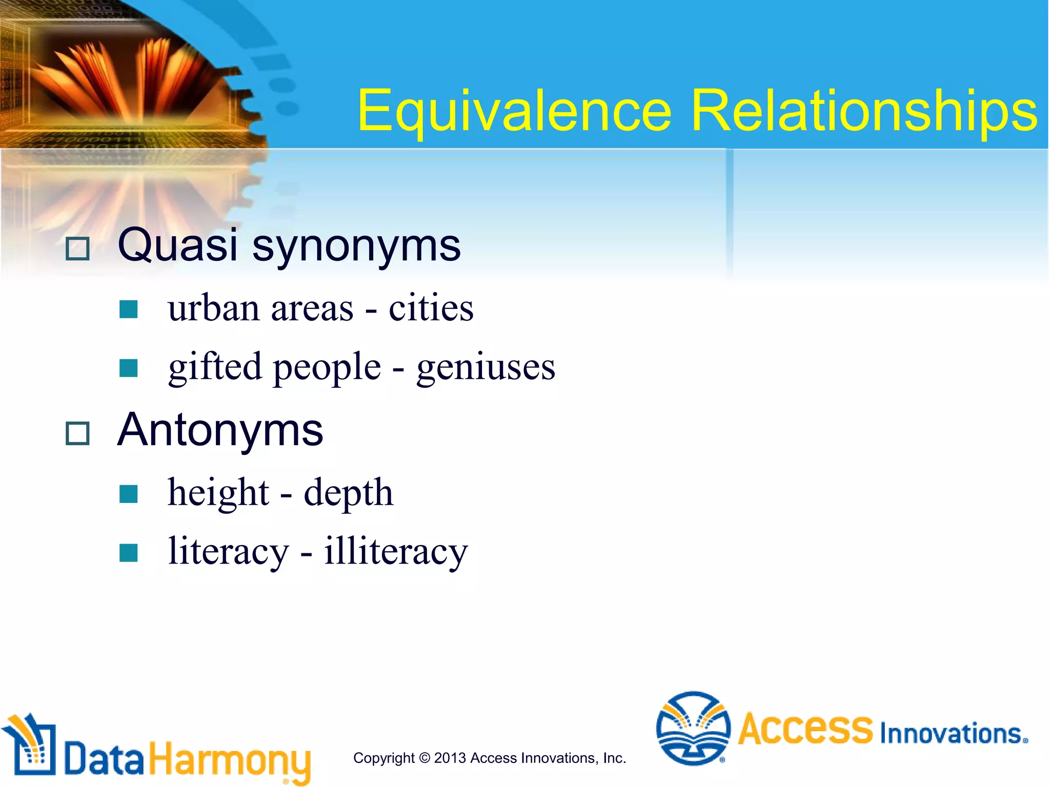 Equivalence Relationships
 Quasi synonyms
 urban areas - cities
 gifted people - geniuses
 Antonyms
 height - depth
 literacy - illiteracy
Copyright © 2013 Access Innovations, Inc.
 