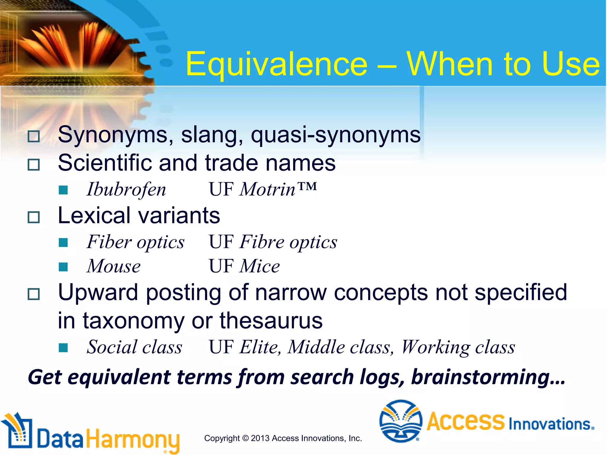 Equivalence – When to Use
 Synonyms, slang, quasi-synonyms
 Scientific and trade names
 Ibubrofen UF Motrin™
 Lexical variants
 Fiber optics UF Fibre optics
 Mouse UF Mice
 Upward posting of narrow concepts not specified
in taxonomy or thesaurus
 Social class UF Elite, Middle class, Working class
Get equivalent terms from search logs, brainstorming…
Copyright © 2013 Access Innovations, Inc.
 