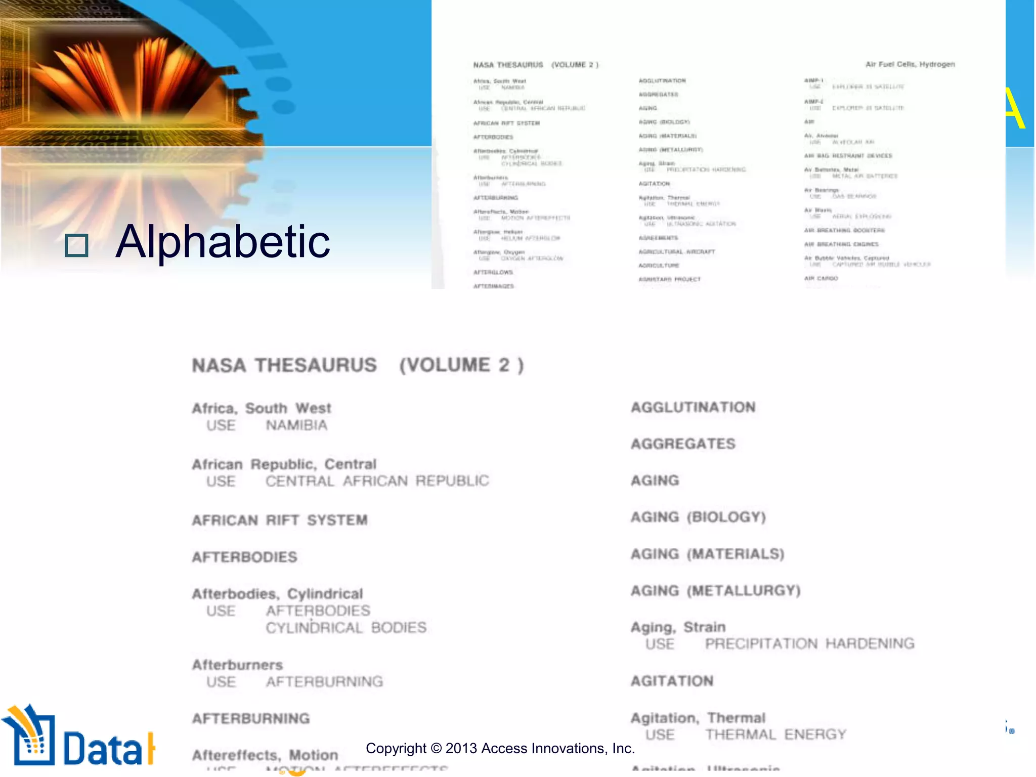 Copyright © 2001 Access Innovations, Inc.
126
NASA
 Alphabetic
Copyright © 2013 Access Innovations, Inc.
 