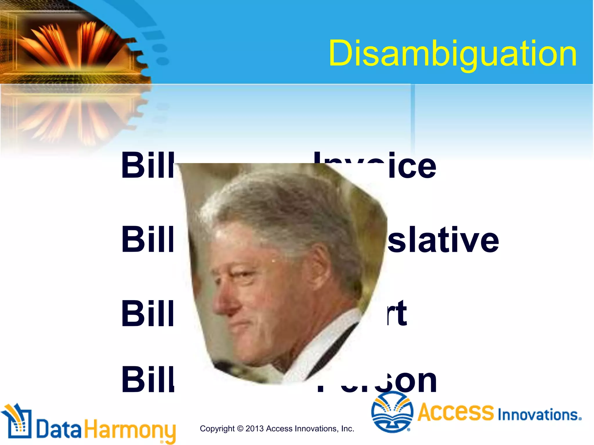 Disambiguation
Bill Invoice
Bill Legislative
Bill Sport
Bill Person
Copyright © 2013 Access Innovations, Inc.
 