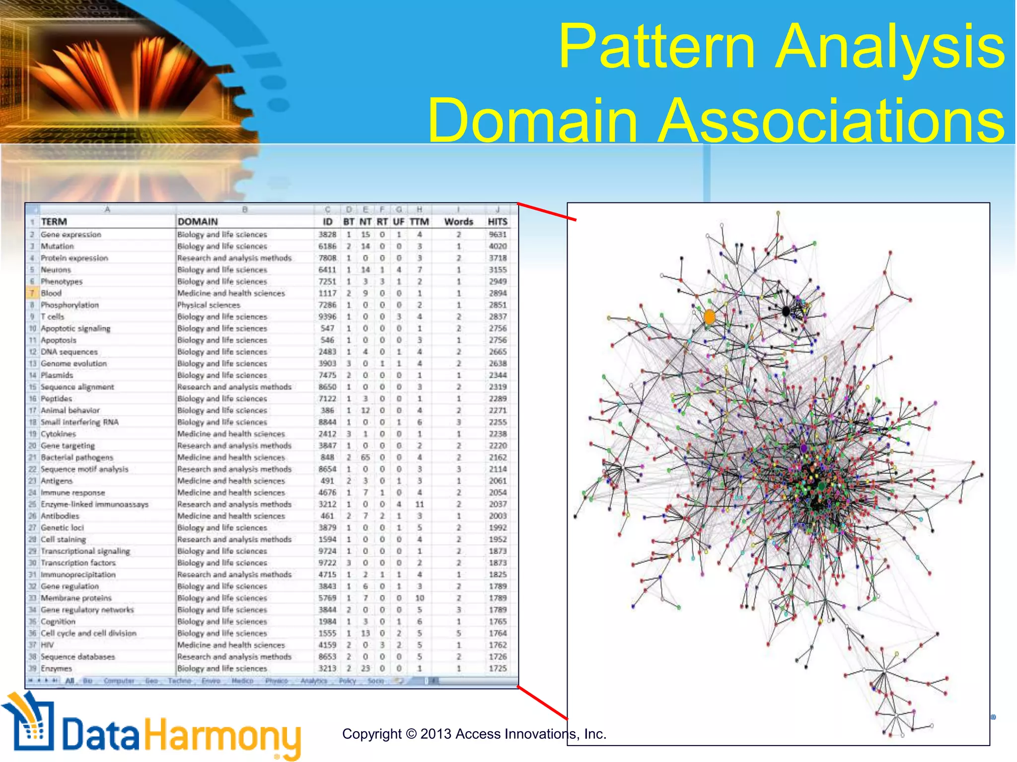 Pattern Analysis
Domain Associations
Copyright © 2013 Access Innovations, Inc.
 