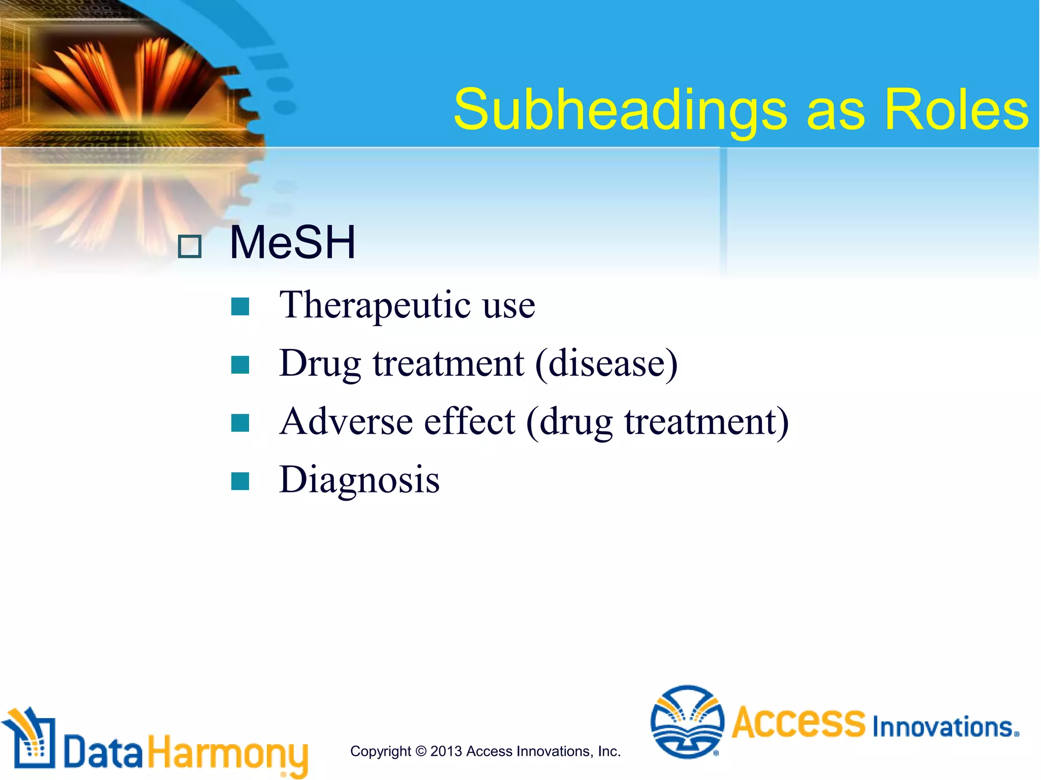 Subheadings as Roles
 MeSH
 Therapeutic use
 Drug treatment (disease)
 Adverse effect (drug treatment)
 Diagnosis
Copyright © 2013 Access Innovations, Inc.
 