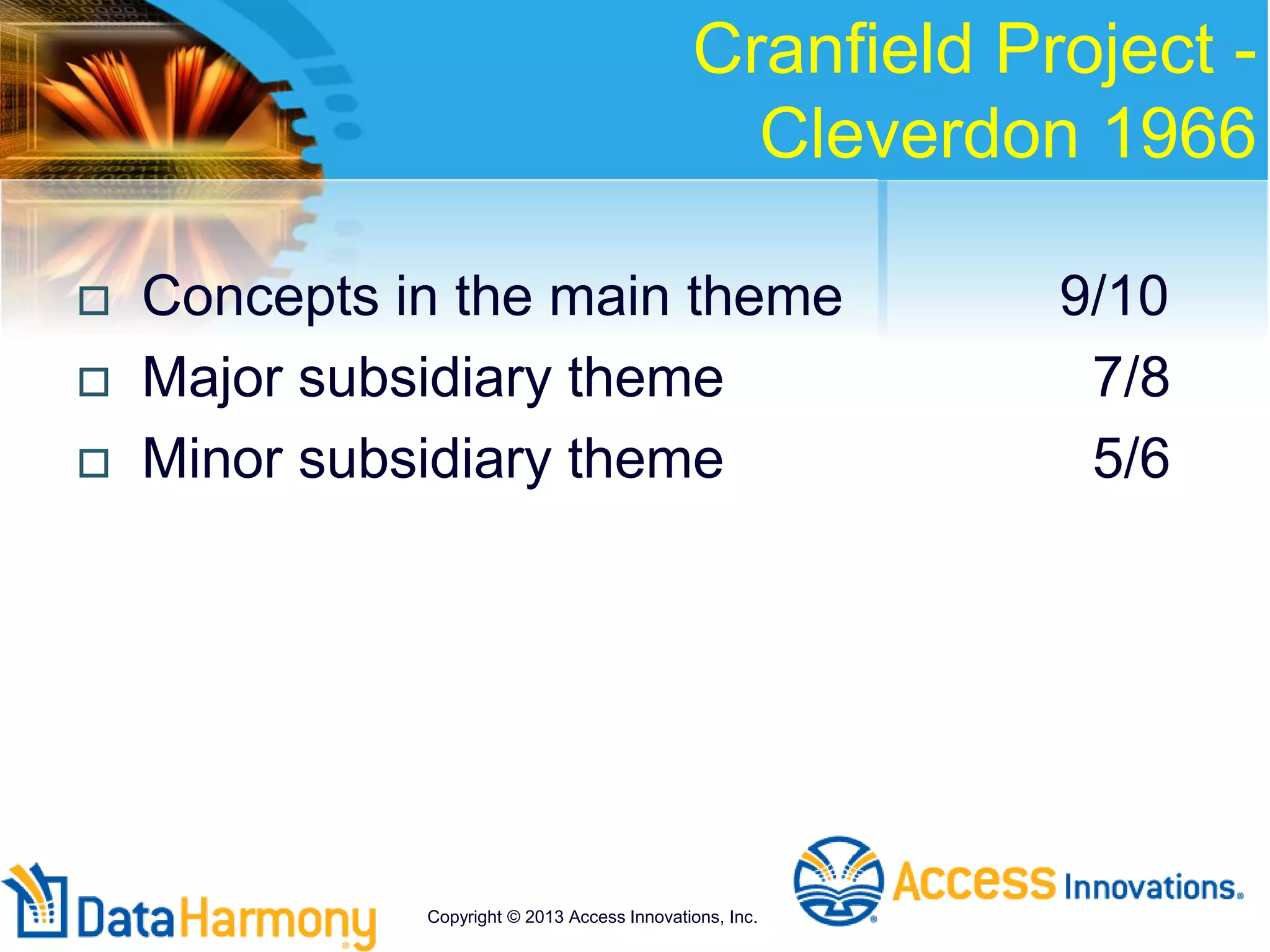 Cranfield Project -
Cleverdon 1966
 Concepts in the main theme 9/10
 Major subsidiary theme 7/8
 Minor subsidiary theme 5/6
Copyright © 2013 Access Innovations, Inc.
 