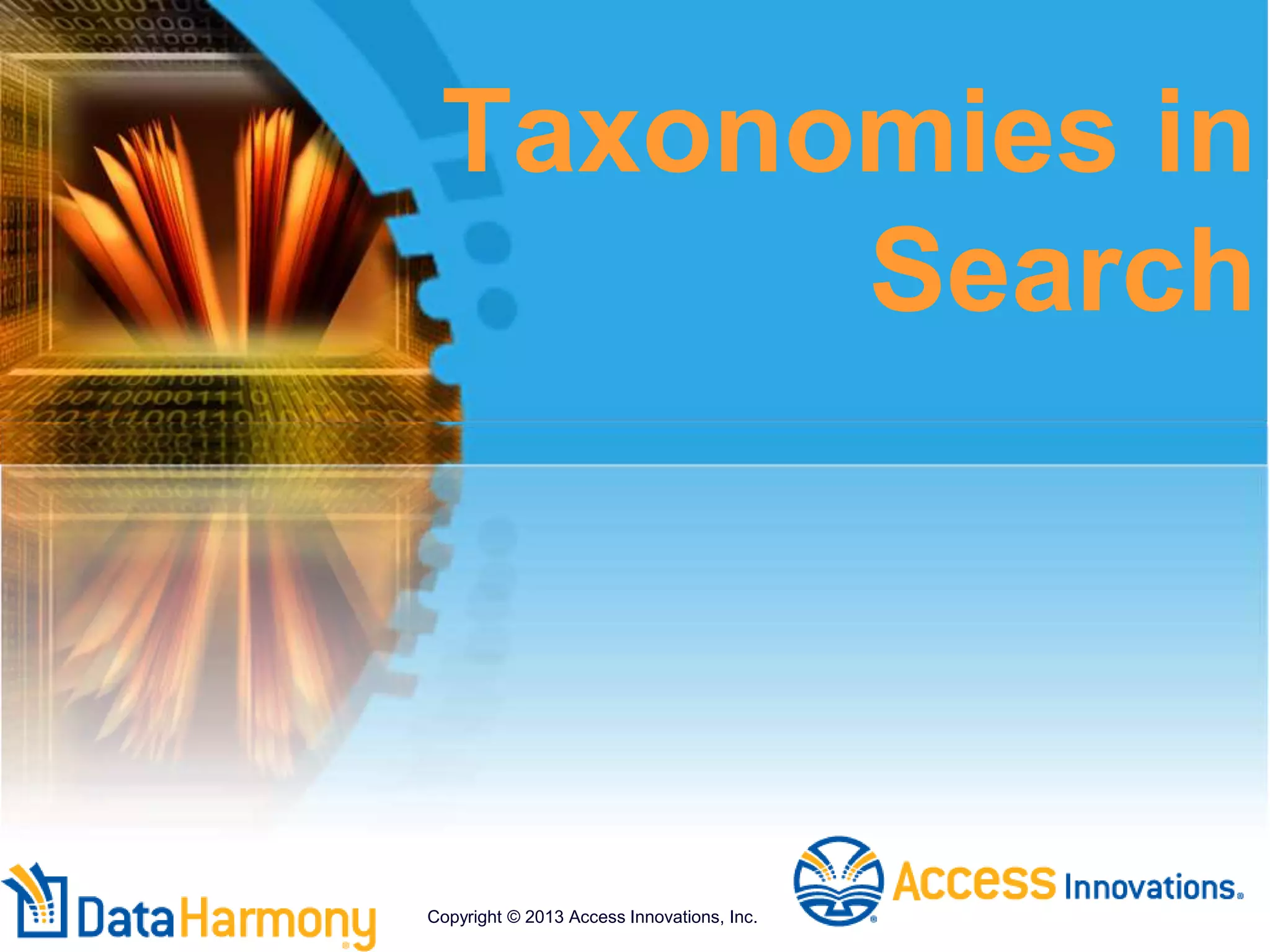 Taxonomies in
Search
Copyright © 2013 Access Innovations, Inc.
 