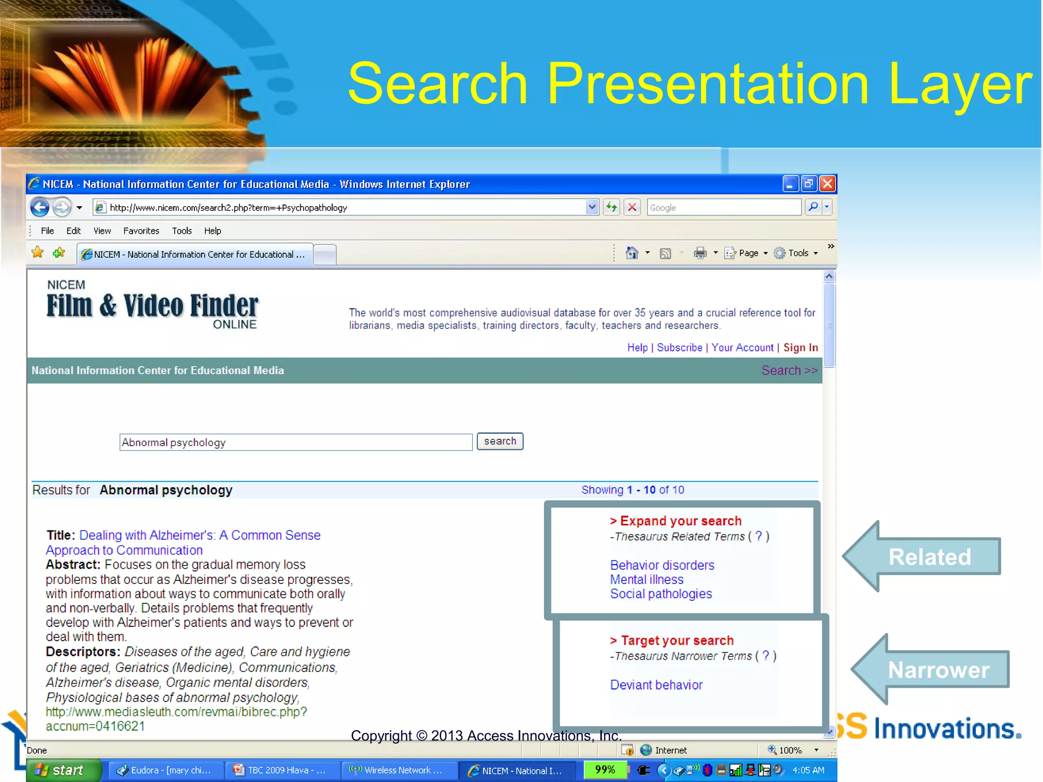 Search Presentation Layer
Related
Narrower
Copyright © 2013 Access Innovations, Inc.
 