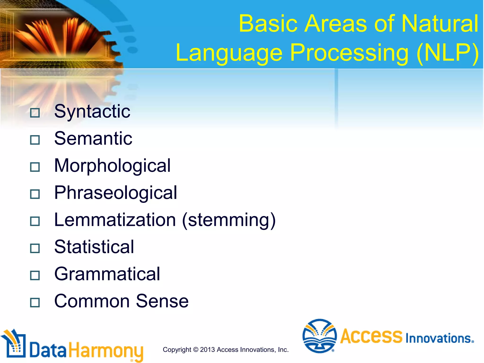 Basic Areas of Natural
Language Processing (NLP)
 Syntactic
 Semantic
 Morphological
 Phraseological
 Lemmatization (stemming)
 Statistical
 Grammatical
 Common Sense
Copyright © 2013 Access Innovations, Inc.
 