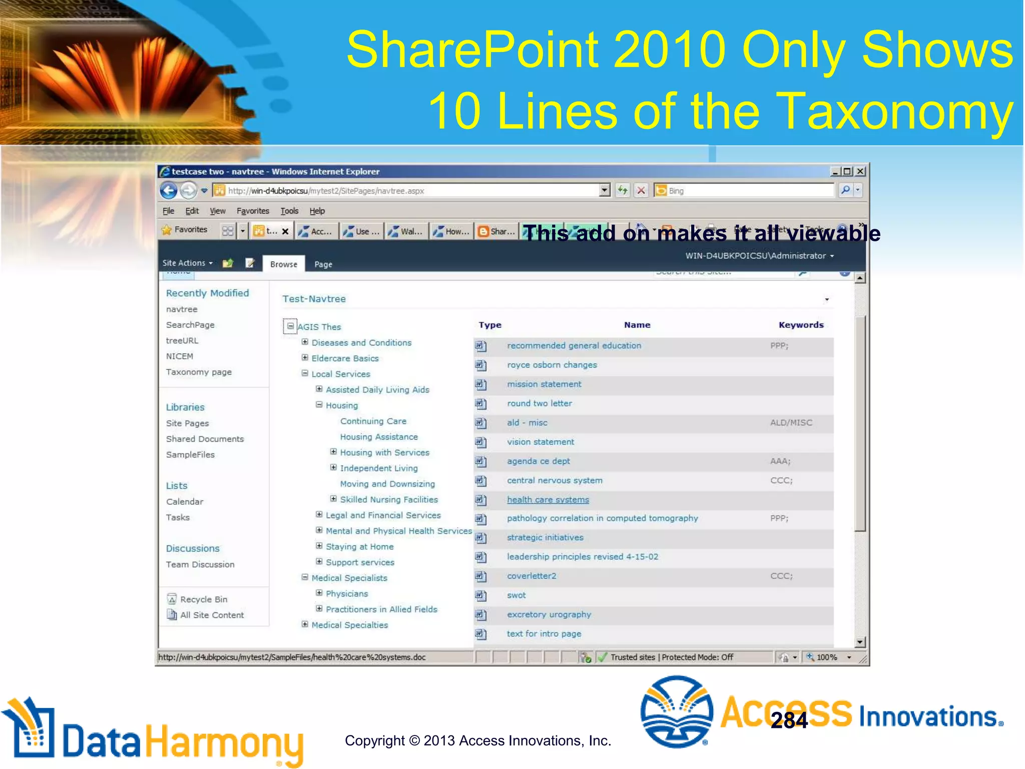 SharePoint 2010 Only Shows
10 Lines of the Taxonomy
284
This add on makes it all viewable
Copyright © 2013 Access Innovations, Inc.
 