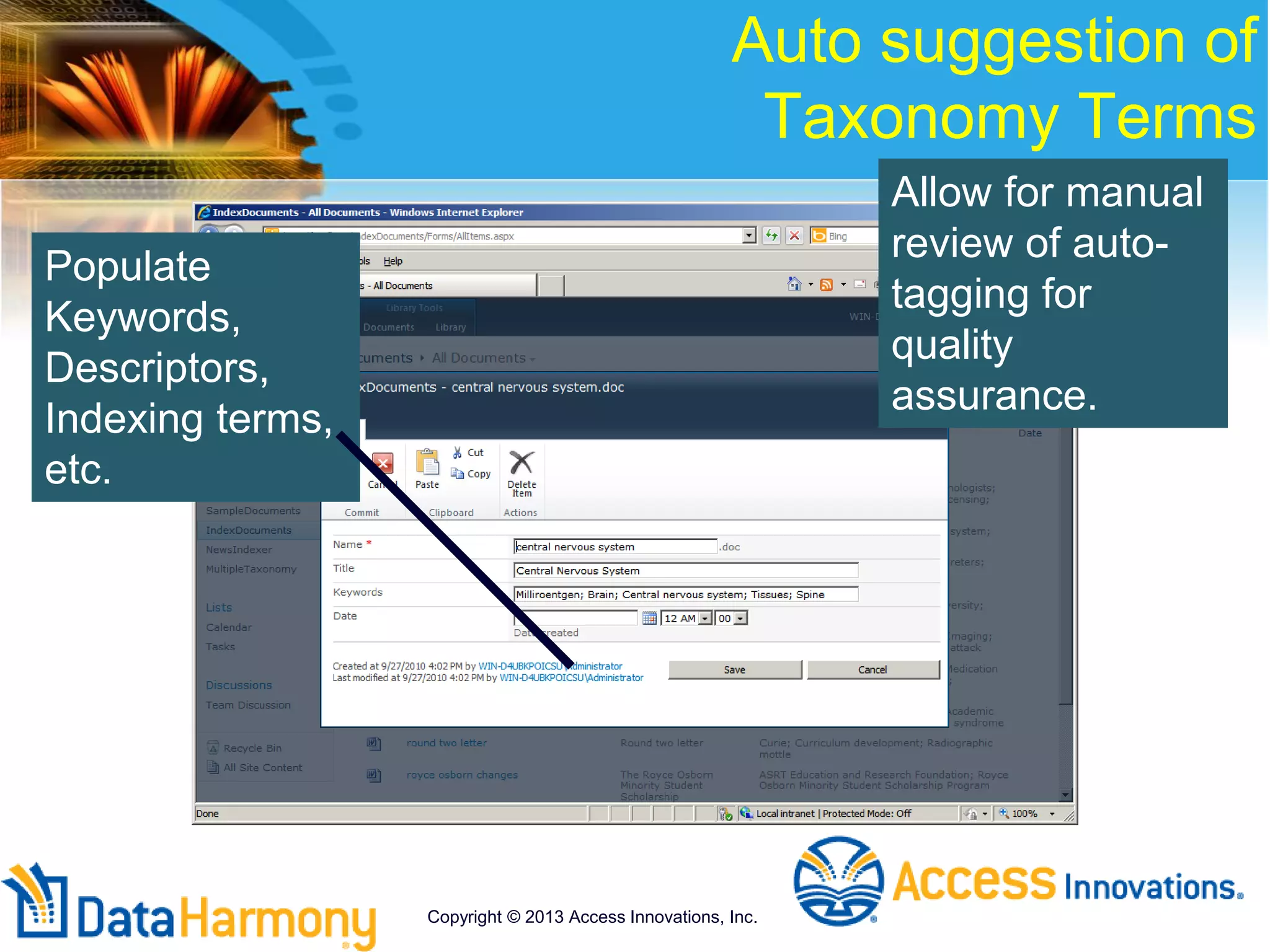 Auto suggestion of
Taxonomy Terms
Populate
Keywords,
Descriptors,
Indexing terms,
etc.
Allow for manual
review of auto-
tagging for
quality
assurance.
Copyright © 2013 Access Innovations, Inc.
 