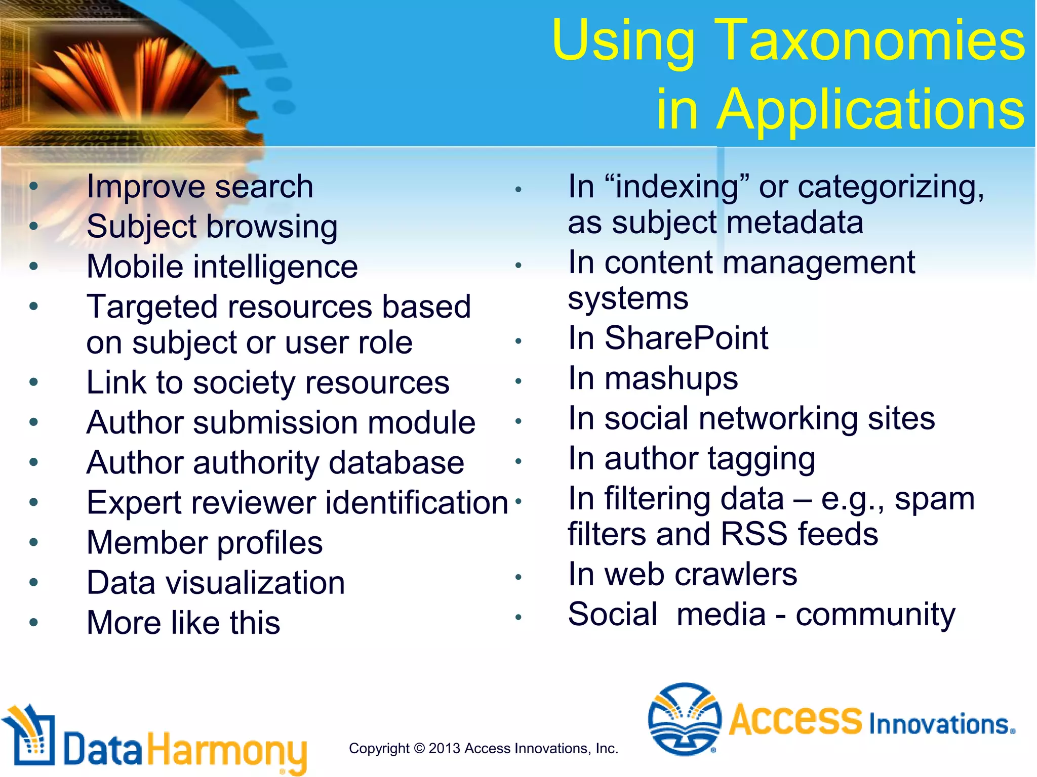 Using Taxonomies
in Applications
• Improve search
• Subject browsing
• Mobile intelligence
• Targeted resources based
on subject or user role
• Link to society resources
• Author submission module
• Author authority database
• Expert reviewer identification
• Member profiles
• Data visualization
• More like this
• In “indexing” or categorizing,
as subject metadata
• In content management
systems
• In SharePoint
• In mashups
• In social networking sites
• In author tagging
• In filtering data – e.g., spam
filters and RSS feeds
• In web crawlers
• Social media - community
Copyright © 2013 Access Innovations, Inc.
 