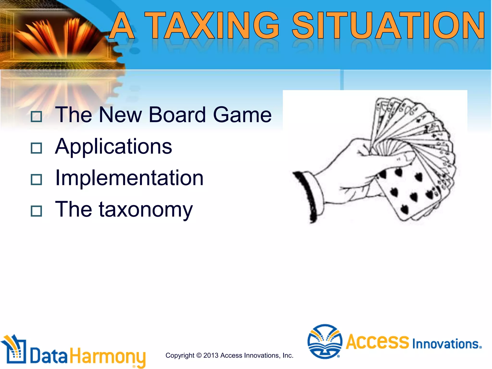  The New Board Game
 Applications
 Implementation
 The taxonomy
Copyright © 2013 Access Innovations, Inc.
 