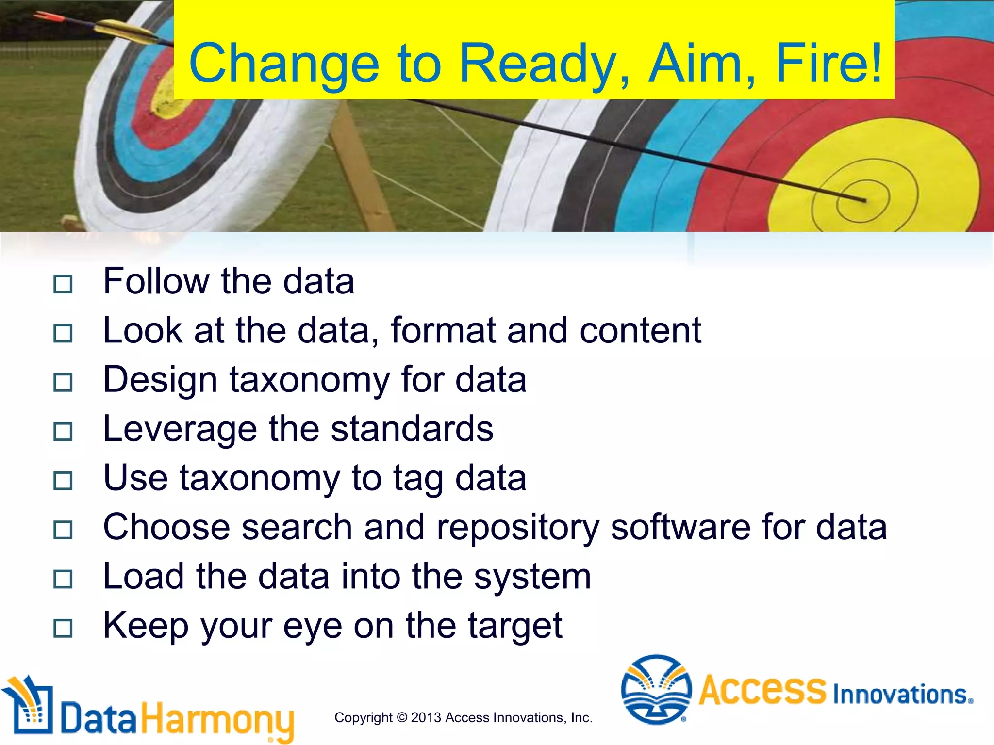 Change to Ready, Aim, Fire!
 Follow the data
 Look at the data, format and content
 Design taxonomy for data
 Leverage the standards
 Use taxonomy to tag data
 Choose search and repository software for data
 Load the data into the system
 Keep your eye on the target
Copyright © 2013 Access Innovations, Inc.
 