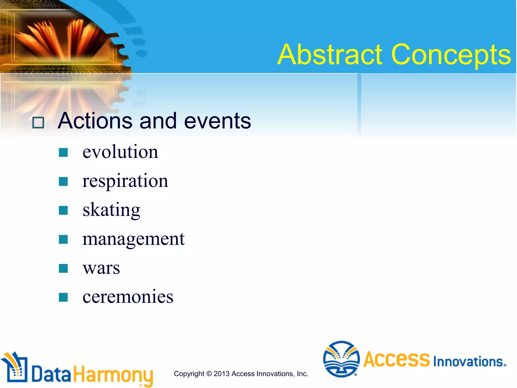 Abstract Concepts
 Actions and events
 evolution
 respiration
 skating
 management
 wars
 ceremonies
Copyright © 2013 Access Innovations, Inc.
 