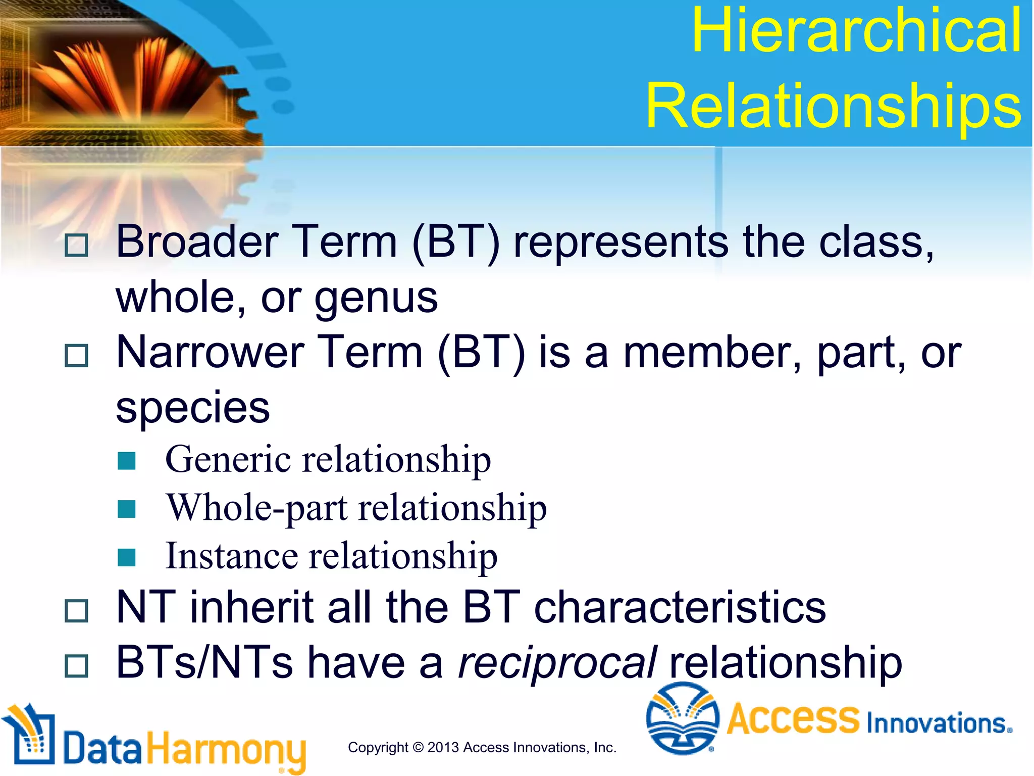 Hierarchical
Relationships
 Broader Term (BT) represents the class,
whole, or genus
 Narrower Term (BT) is a member, part, or
species
 Generic relationship
 Whole-part relationship
 Instance relationship
 NT inherit all the BT characteristics
 BTs/NTs have a reciprocal relationship
Copyright © 2013 Access Innovations, Inc.
 