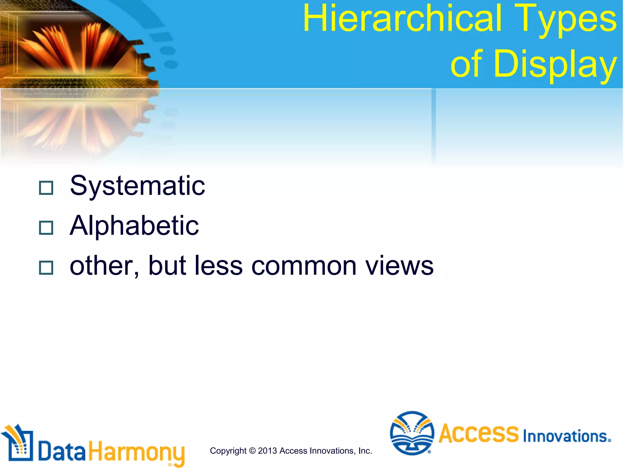 Hierarchical Types
of Display
 Systematic
 Alphabetic
 other, but less common views
Copyright © 2013 Access Innovations, Inc.
 