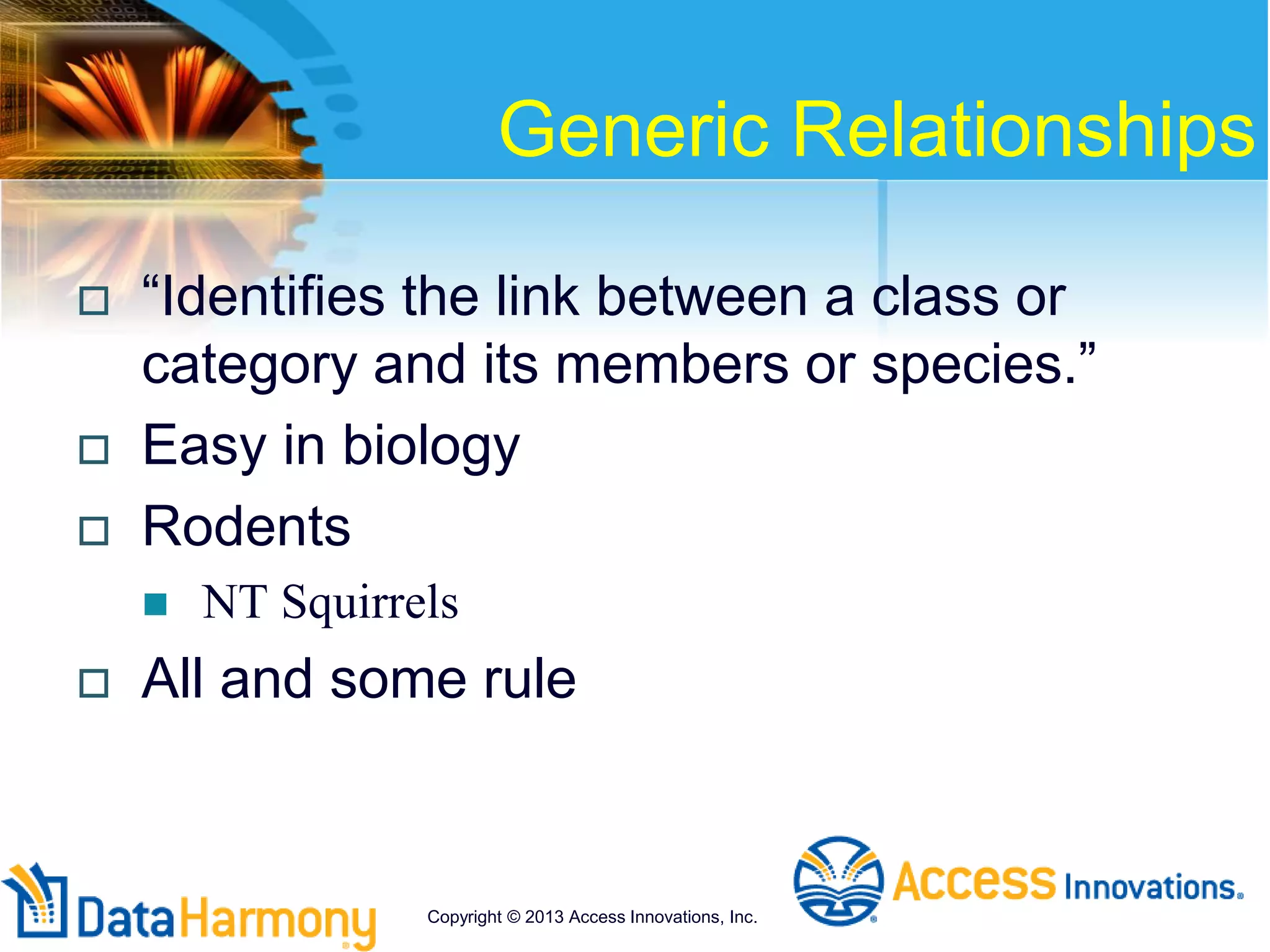 Generic Relationships
 “Identifies the link between a class or
category and its members or species.”
 Easy in biology
 Rodents
 NT Squirrels
 All and some rule
Copyright © 2013 Access Innovations, Inc.
 