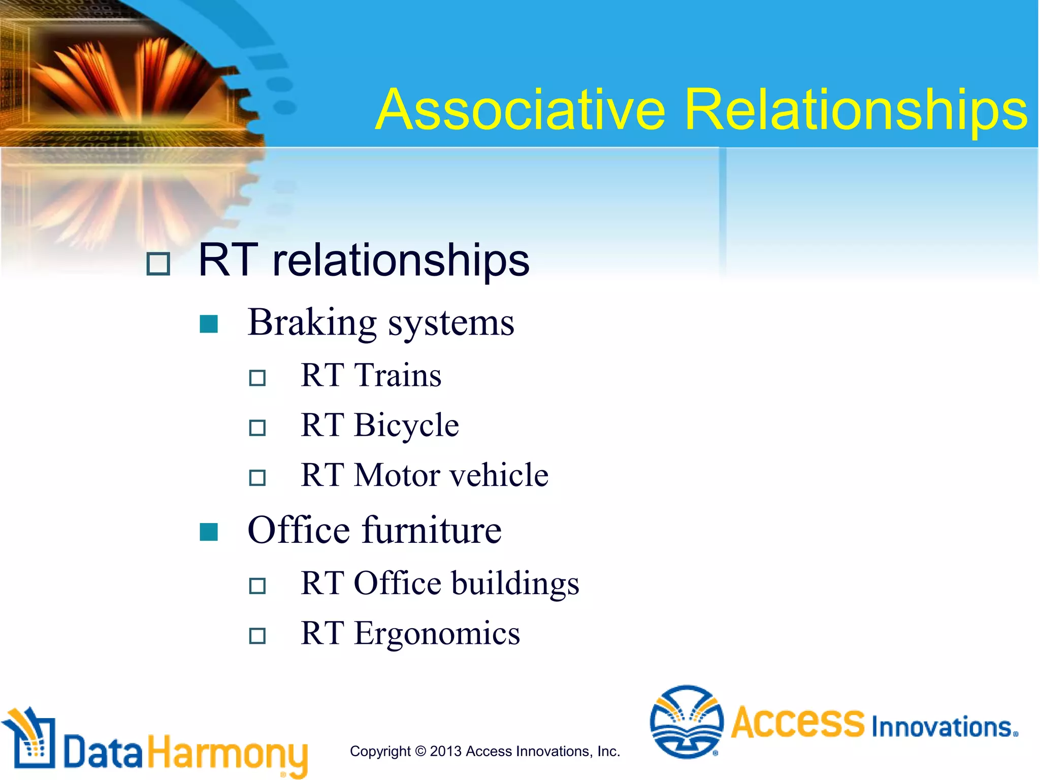 Associative Relationships
 RT relationships
 Braking systems
 RT Trains
 RT Bicycle
 RT Motor vehicle
 Office furniture
 RT Office buildings
 RT Ergonomics
Copyright © 2013 Access Innovations, Inc.
 