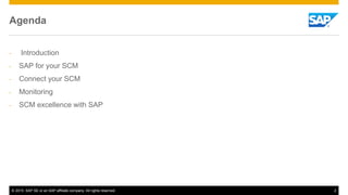 © 2015 SAP SE or an SAP affiliate company. All rights reserved. 2
Agenda
- Introduction
- SAP for your SCM
- Connect your SCM
- Monitoring
- SCM excellence with SAP
 