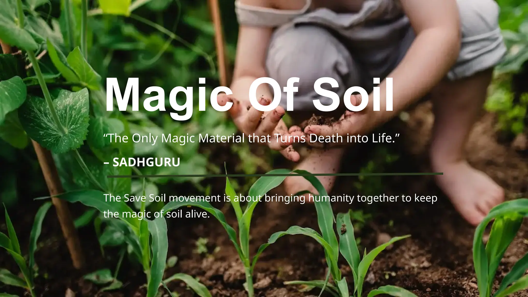 Magic Of Soil
“The Only Magic Material that Turns Death into Life.”
– SADHGURU
The Save Soil movement is about bringing humanity together to keep
the magic of soil alive.
 