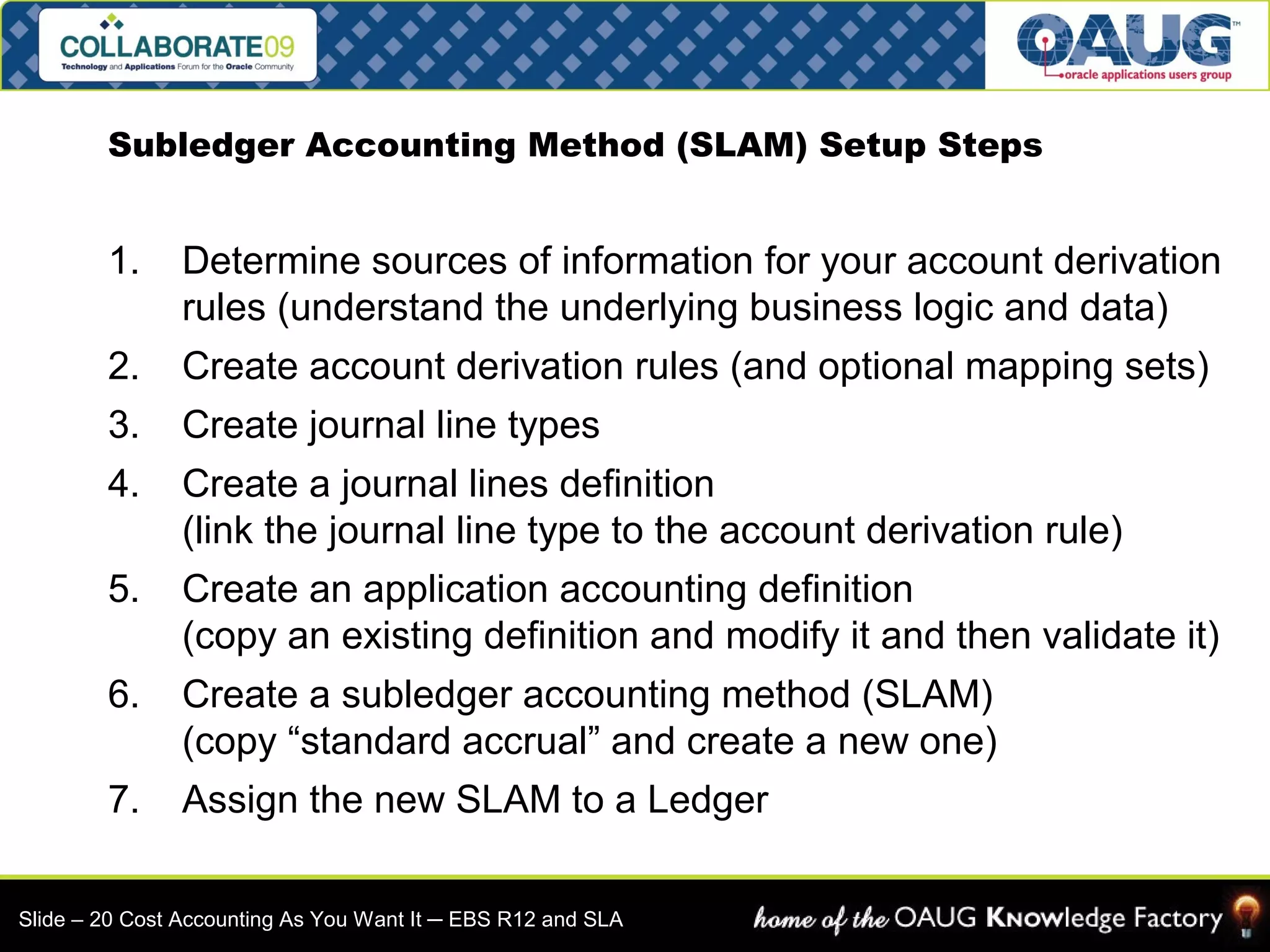 Subledger Accounting Method (SLAM) Setup Steps 
1. Determine sources of information for your account derivation 
rules (understand the underlying business logic and data) 
2. Create account derivation rules (and optional mapping sets) 
3. Create journal line types 
4. Create a journal lines definition 
(link the journal line type to the account derivation rule) 
5. Create an application accounting definition 
(copy an existing definition and modify it and then validate it) 
6. Create a subledger accounting method (SLAM) 
(copy “standard accrual” and create a new one) 
7. Assign the new SLAM to a Ledger 
Slide – 20 Cost Accounting As You Want It ─ EBS R12 and SLA 
 