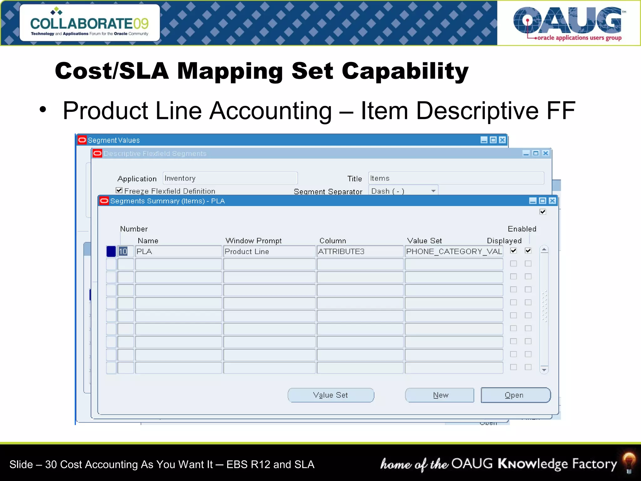 Cost/SLA Mapping Set Capability 
• Product Line Accounting – Item Descriptive FF 
Slide – 30 Cost Accounting As You Want It ─ EBS R12 and SLA 
 