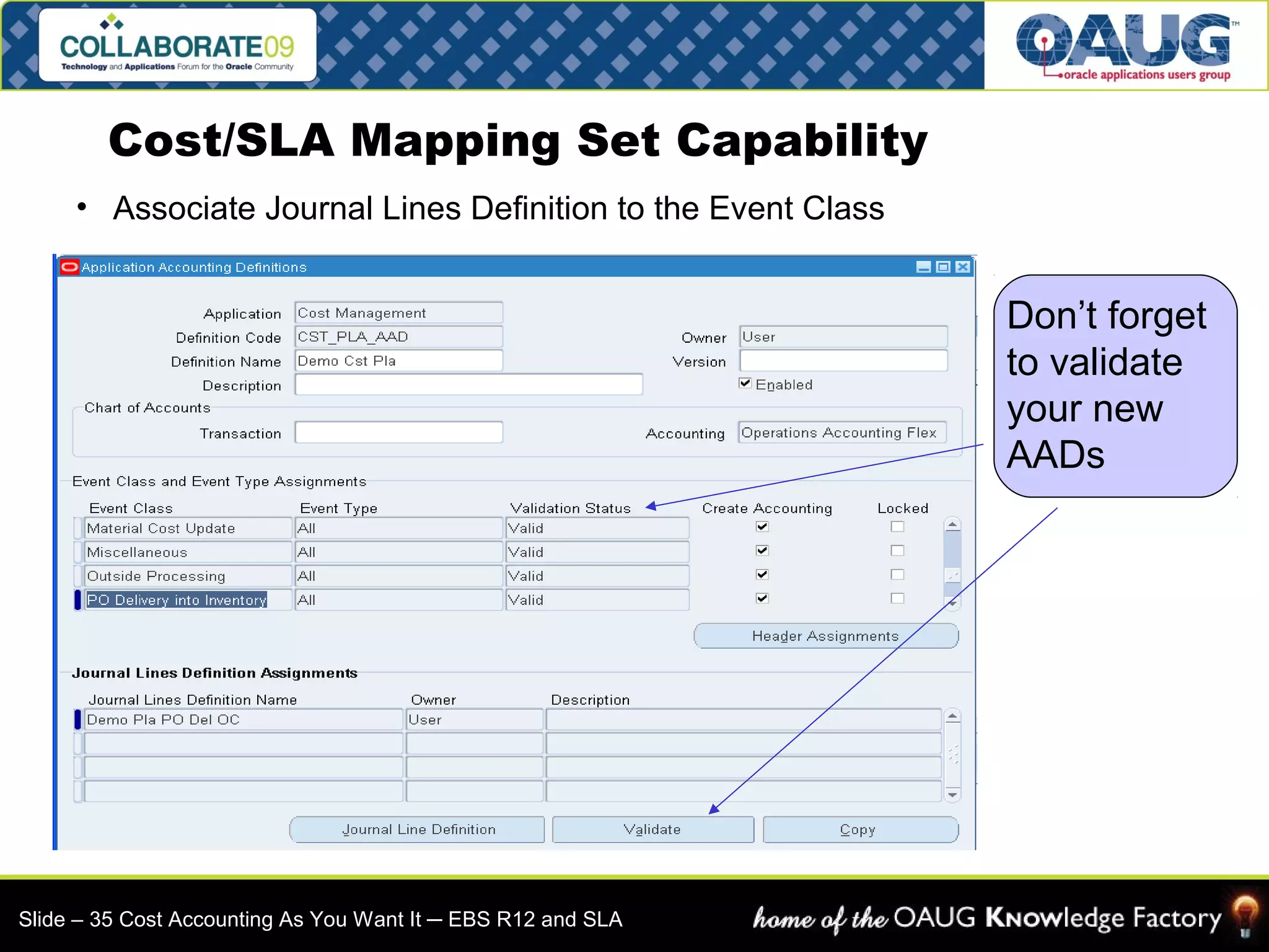 Cost/SLA Mapping Set Capability 
• Associate Journal Lines Definition to the Event Class 
Don’t forget 
to validate 
your new 
AADs 
Slide – 35 Cost Accounting As You Want It ─ EBS R12 and SLA 
 