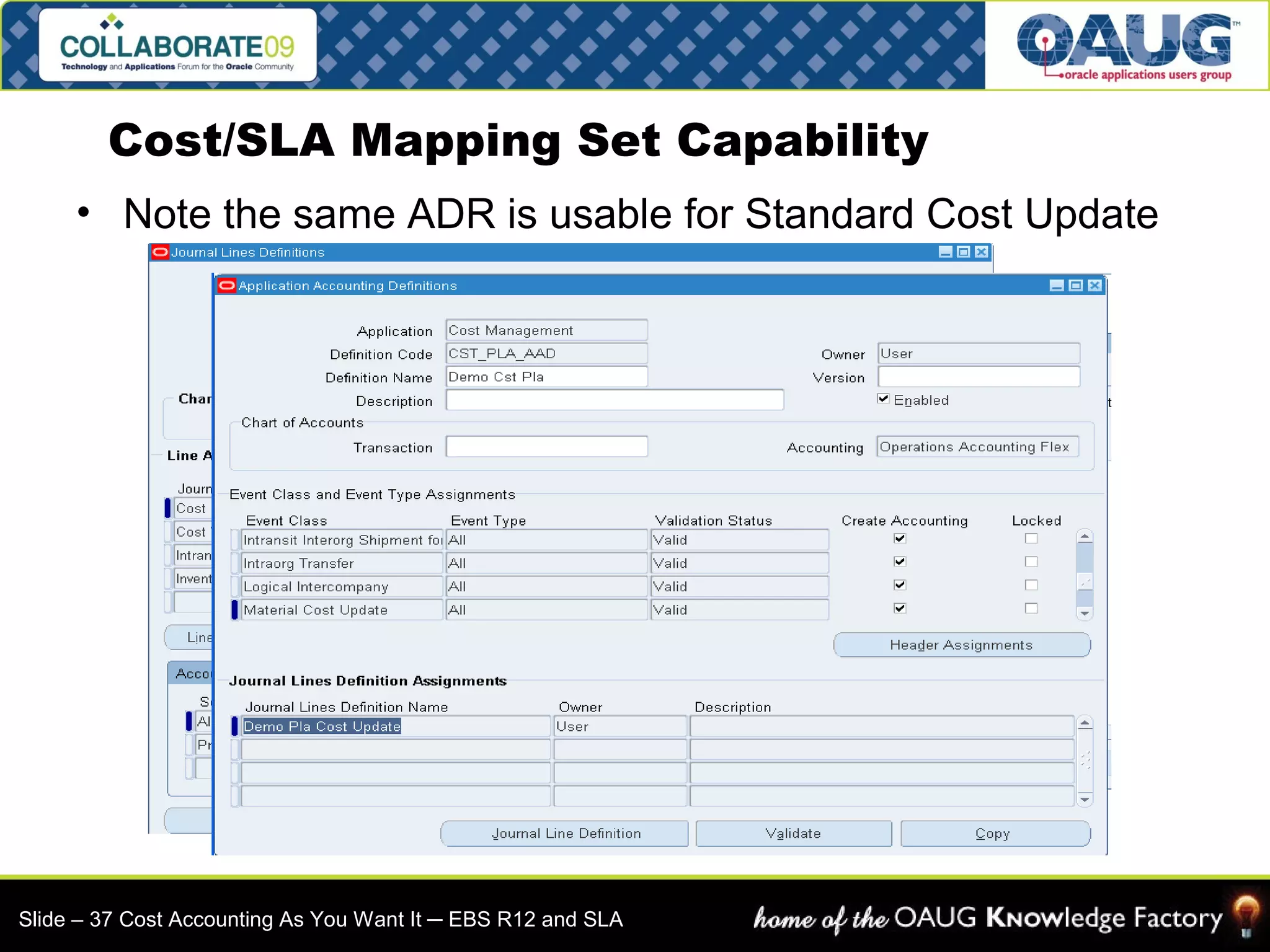 Cost/SLA Mapping Set Capability 
• Note the same ADR is usable for Standard Cost Update 
Slide – 37 Cost Accounting As You Want It ─ EBS R12 and SLA 
 