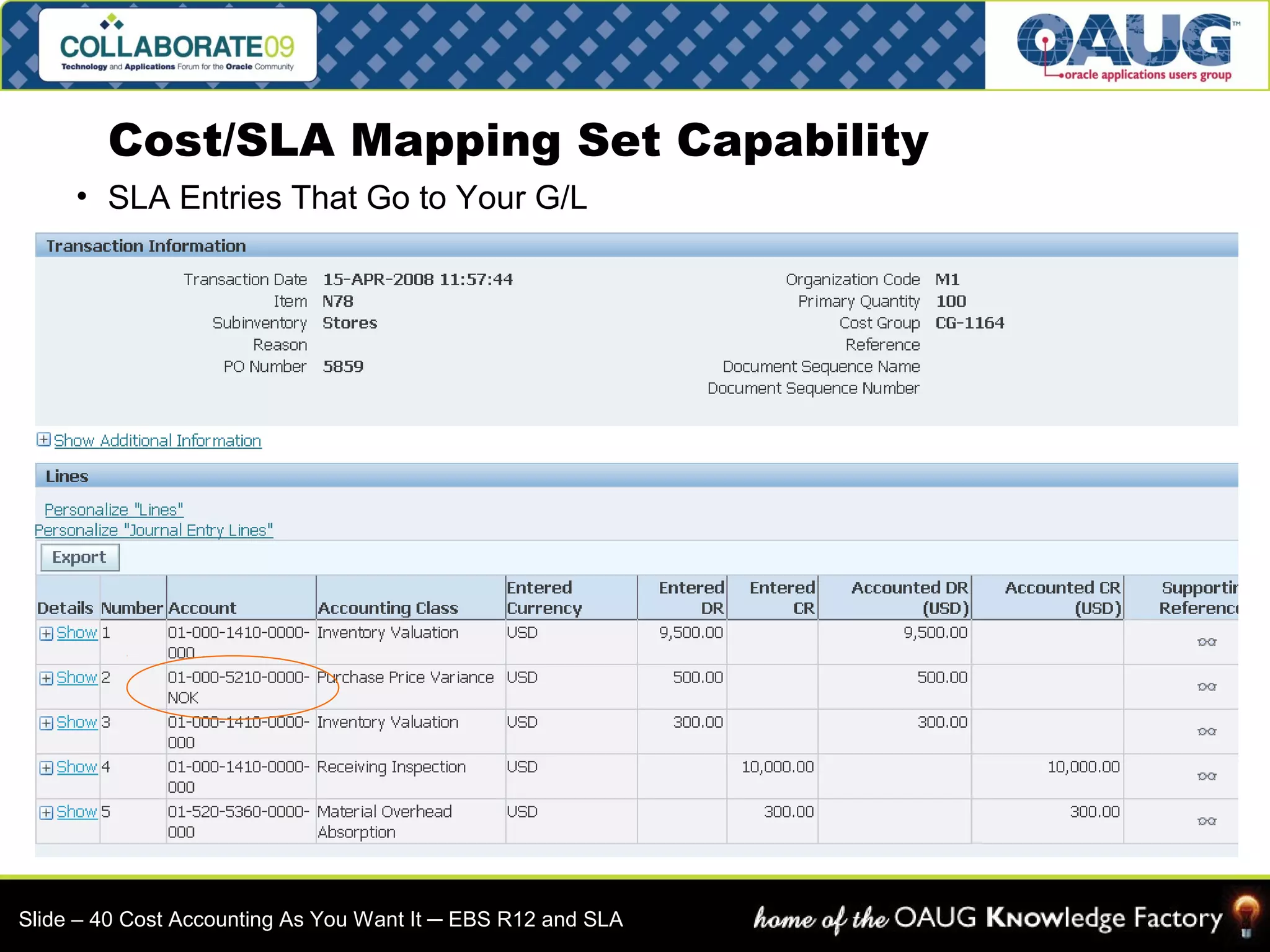 Cost/SLA Mapping Set Capability 
• SLA Entries That Go to Your G/L 
Slide – 40 Cost Accounting As You Want It ─ EBS R12 and SLA 
 