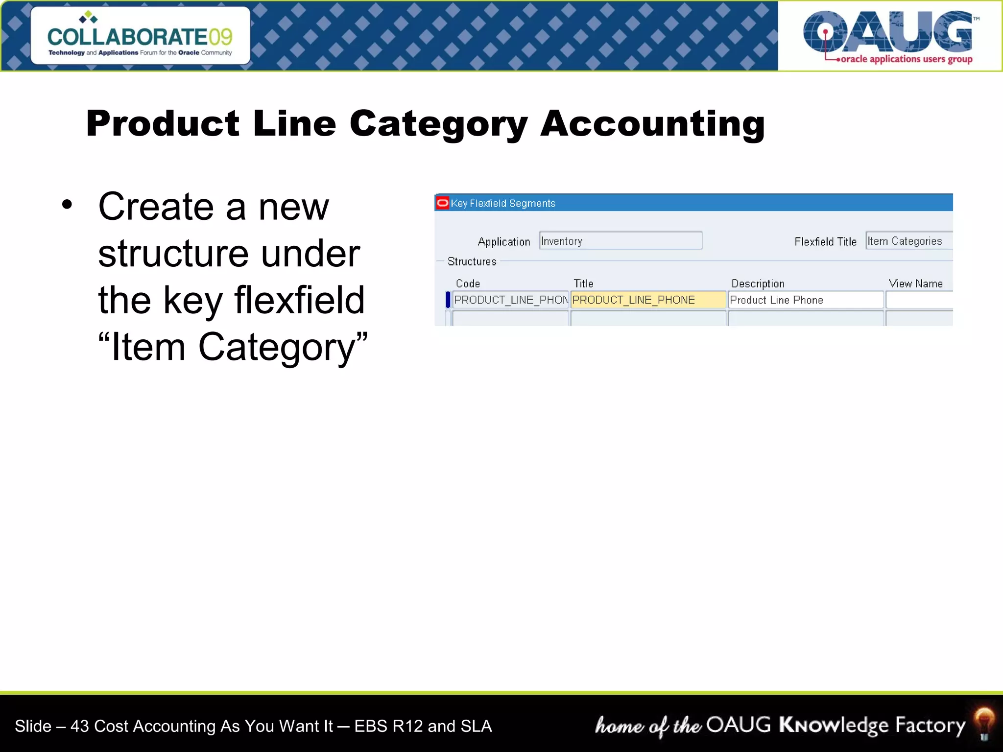 Product Line Category Accounting 
• Create a new 
structure under 
the key flexfield 
“Item Category” 
Slide – 43 Cost Accounting As You Want It ─ EBS R12 and SLA 
 