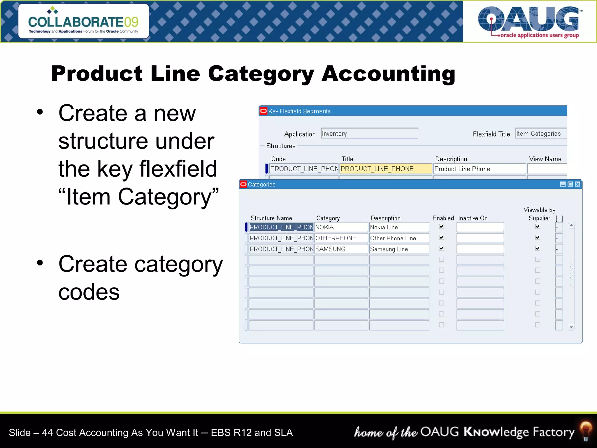 Product Line Category Accounting 
• Create a new 
structure under 
the key flexfield 
“Item Category” 
• Create category 
codes 
Slide – 44 Cost Accounting As You Want It ─ EBS R12 and SLA 
 