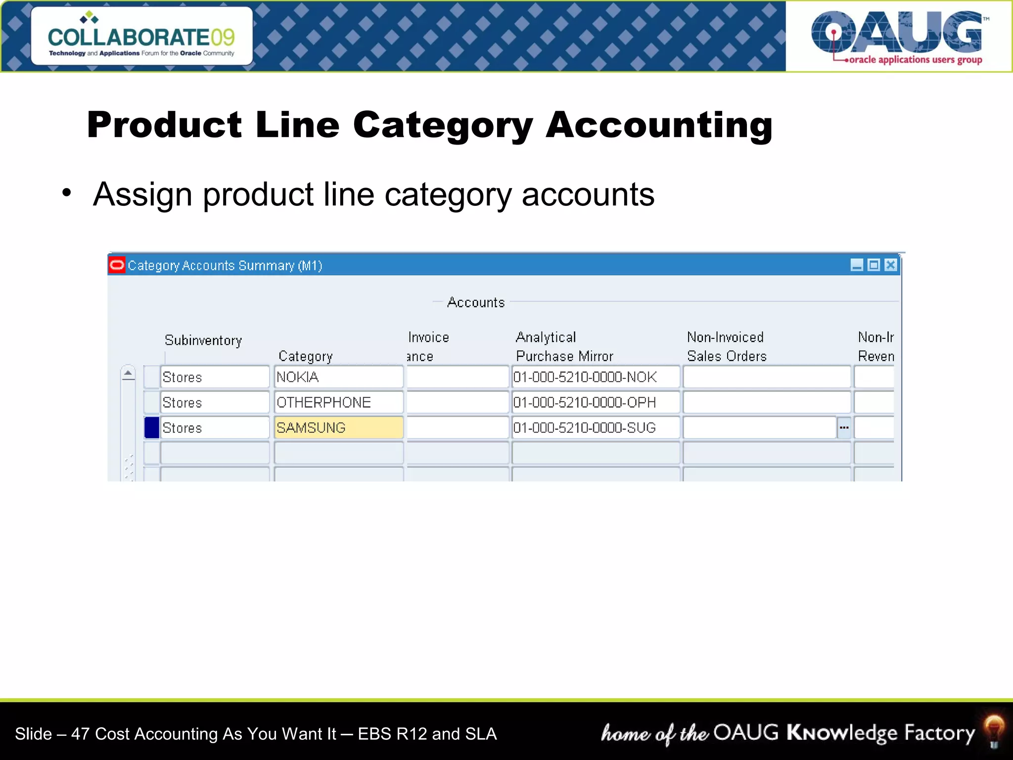 Product Line Category Accounting 
• Assign product line category accounts 
Slide – 47 Cost Accounting As You Want It ─ EBS R12 and SLA 
 