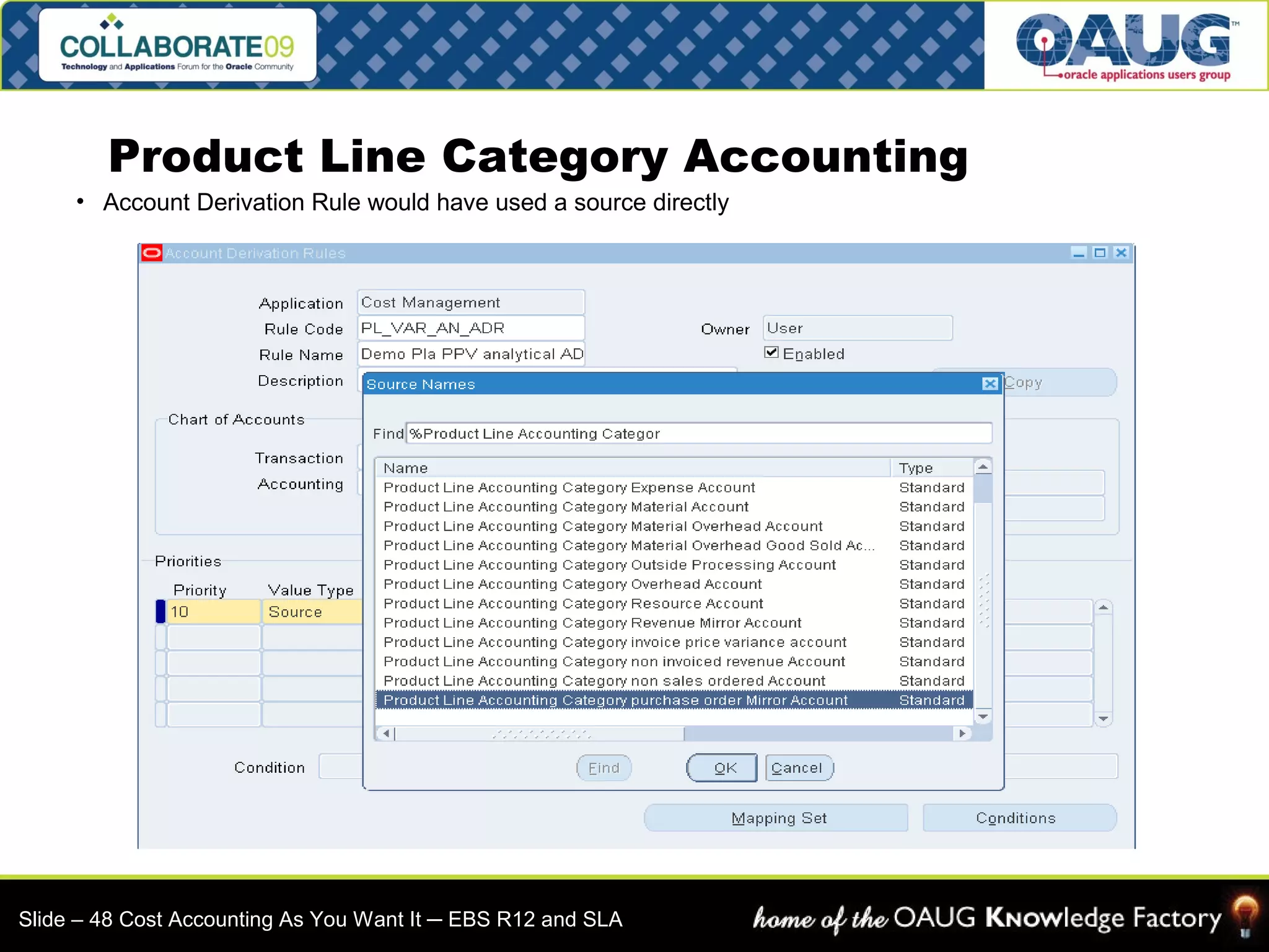 Product Line Category Accounting 
• Account Derivation Rule would have used a source directly 
Slide – 48 Cost Accounting As You Want It ─ EBS R12 and SLA 
 