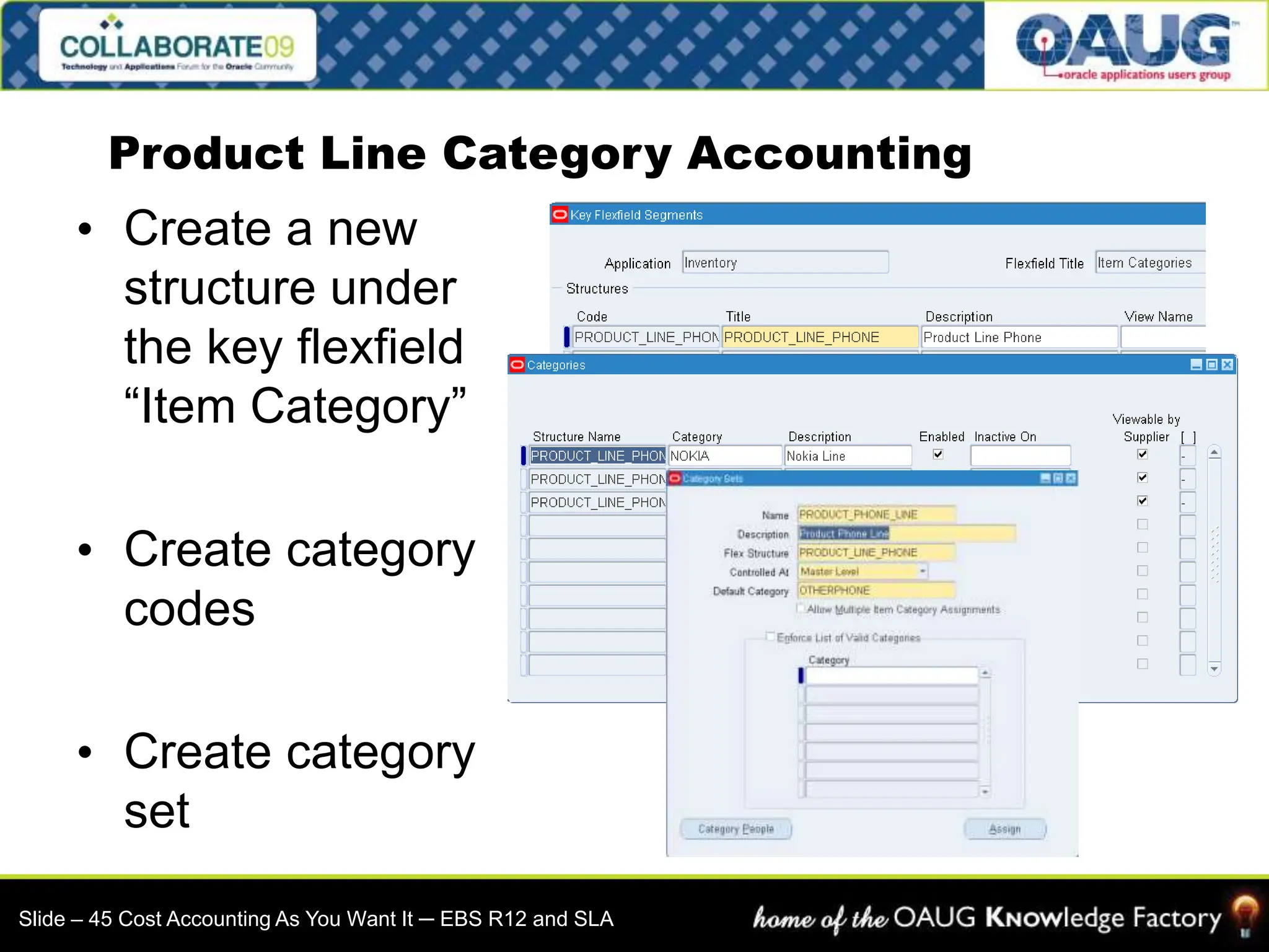 • Create a new
structure under
the key flexfield
“Item Category”
• Create category
codes
• Create category
set
Product Line Category Accounting
Slide – 45 Cost Accounting As You Want It ─ EBS R12 and SLA
 