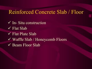Reinforced Concrete Slab / Floor In- Situ construction Flat Slab Flat Plate Slab Waffle Slab / Honeycomb Floors Beam Floor Slab  