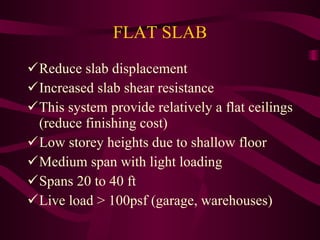 FLAT SLAB Reduce slab displacement Increased slab shear resistance This system provide relatively a flat ceilings (reduce finishing cost) Low storey heights due to shallow floor Medium span with light loading Spans 20 to 40 ft Live load > 100psf (garage, warehouses) 