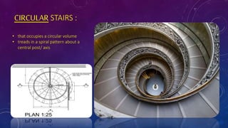 CIRCULAR STAIRS :
• that occupies a circular volume
• treads in a spiral pattern about a
central post/ axis
 