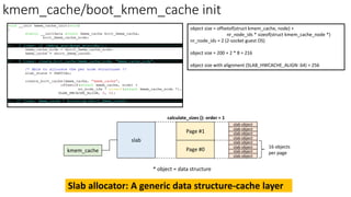 kmem_cache
slab
Page #0
slab object
slab object
slab object
slab object
Page #1
slab object
slab object
slab object
slab object
16 objects
per page
Slab allocator: A generic data structure-cache layer
* object = data structure
object size = offsetof(struct kmem_cache, node) +
nr_node_ids * sizeof(struct kmem_cache_node *)
nr_node_ids = 2 (2-socket guest OS)
object size = 200 + 2 * 8 = 216
object size with alignment (SLAB_HWCACHE_ALIGN: 64) = 256
calculate_sizes (): order = 1
kmem_cache/boot_kmem_cache init
 