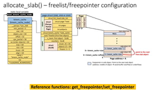 page struct (slab, slob or slub)
struct list_head slab_list
struct page *next
struct kmem_cache *slab_cache
void *freelist (first free object)
s_mem: first object - SLAB
int pages
int pobjects
counters - SLUB
inuse: 16 = 64
objects:15 = 64
frozen: 1 = 1
union
struct
(SLUB)
union
struct
(Percpu
Partial
Page)
kmem_cache
(kmem_cache_node)
__percpu *cpu_slab
min_partial = 5
size = 64
object_size = 64
cpu_partial = 30
min = 64
inuse = 64
align = 64
name =
“kmem_cache_node”
list
*node[MAX_NUMNODES]
max = 64
oo (order objects) = 64
allocate_slab() – freelist/freepointer configuration
offset = 32
slab
object
slab
object
..
slab
object
Page
Page address = X
X
X + kmem_cache->size
X + kmem_cache->size
slab object #0
X + kmem_cache->size * 2
slab object #1
freepointer in slab object: Point to the next slab object
(address: middle of object  avoid buffer overflow or underflow)
NULL
slab object #n -1
point to the next
free slab object
.
.
.
X + kmem_cache->offset
boot_kmem_cache_node
static local variable
Reference functions: get_freepointer/set_freepointer
 