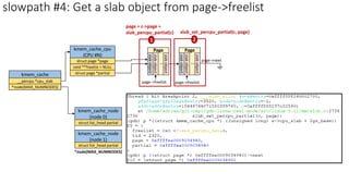 kmem_cache
__percpu *cpu_slab
*node[MAX_NUMNODES]
kmem_cache_cpu
(CPU #N)
struct page *page
void **freelist = NULL
struct page *partial
kmem_cache_node
(node 0)
struct list_head partial
kmem_cache_node
(node 1)
struct list_head partial
*node[MAX_NUMNODES]
slowpath #4: Get a slab object from page->freelist
slab
object
slab
object
..
slab
object
Page
page->next
slab
object
slab
object
..
slab
object
Page
page->freelist page->freelist
page = c->page =
slub_percpu_partial(c)
1
slub_set_percpu_partial(c, page)
2
 