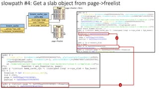 kmem_cache
__percpu *cpu_slab
*node[MAX_NUMNODES]
kmem_cache_cpu
(CPU #N)
struct page *page
void **freelist
struct page *partial
slowpath #4: Get a slab object from page->freelist
slab
object
slab
object
..
slab
object
Page
slab
object
slab
object
..
slab
object
Page
page->freelist
page->freelist = NULL
slab
object
1
2
 