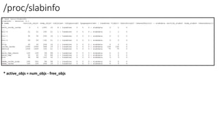 /proc/slabinfo
* active_objs = num_objs - free_objs
 