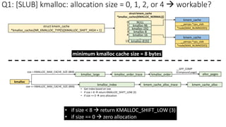 kmalloc
kmem_cache_alloc
kmalloc_large kmalloc_order_trace kmalloc_order
kmem_cache_alloc_trace
size > KMALLOC_MAX_CACHE_SIZE (8KB)
size <= KMALLOC_MAX_CACHE_SIZE (8KB)
alloc_pages
__GFP_COMP
(Compound page)
kmalloc_index
• Get index based on size
• if size < 8  return KMALLOC_SHIFT_LOW (3)
• if size == 0  zero allocation
Q1: [SLUB] kmalloc: allocation size = 0, 1, 2, or 4  workable?
struct kmem_cache
*kmalloc_caches[NR_KMALLOC_TYPES][KMALLOC_SHIFT_HIGH + 1]
kmem_cache
__percpu *cpu_slab
*node[MAX_NUMNODES]
kmem_cache
__percpu *cpu_slab
*node[MAX_NUMNODES]
struct kmem_cache
*kmalloc_caches[KMALLOC_NORMAL][]
NULL
kmalloc-96
0
1
2
3
4
13
kmalloc-192
kmalloc-8
kmalloc-16
…
kmalloc-8192
minimum kmalloc cache size = 8 bytes
• if size < 8  return KMALLOC_SHIFT_LOW (3)
• if size == 0  zero allocation
 