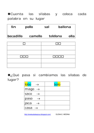 Cuenta las sílabas y coloca cada
palabra en su lugar
fin pollo sal ballena
bocadillo camello teléfono olla
¿Qué pasa si cambiamos las sílabas de
lugar?
lobo bolo
mago
saco
paso
jaca
casa
http://enelauladeapoyo.blogspot.com/ ELENA E. MEDINA