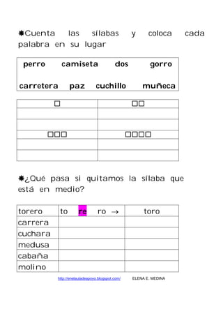Cuenta las sílabas y coloca cada
palabra en su lugar
perro camiseta dos gorro
carretera paz cuchillo muñeca
¿Qué pasa si quitamos la sílaba que
está en medio?
torero to re ro toro
carrera
cuchara
medusa
cabaña
molino
http://enelauladeapoyo.blogspot.com/ ELENA E. MEDINA