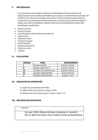 V. METODOLOGÍA
En el proceso de aprendizaje se utilizaran metodologías activas que permitan la
adquisición de conocimientos significativos y promuevan con efectividad los procesos de
enseñanza. Se utilizara el enfoque comunicativo a fin de propiciar la ayuda mutua, la
cooperación, la participación entre los discentes y docentes, propiciando el trabajo en
equipo, por ende se emplearan métodos y técnicas activos destinados a desarrollar
aprendizajes significativos:
 Estudio analítico
 Practica dirigida
 Aprendizaje por observación y demostración
 Exposiciones
 Preguntas orales
 Trabajo en equipo
 Red conceptual
 Cuadro comparativo.
 Estudio de casos
 Tándem.
VI. EVALUACIÓN
II. UNIDAD III. TEMA INSTRUMENTO
IV. I Equipo pesado Examen Escrito
V. II Equipo súper lite 17 Examen Escrito
III Tanque de entrenamiento Examen Práctico
IV Equipos dependientes Examen Parcial
V Equipos dependientes Examen Final
VII. REQUISITOS DE APROBACIÓN
a) Logro de capacidades terminales
b) Haber tenido una asistencia mayor al 70%
c) Obtener una nota mínima igual o mayor a trece ( 13 )
VIII. RECURSOS BIBLIOGRÁFICOS
 Impresos
- Sin autor (2008). Manual de Buceo y Salvamento, revisión 6.
EE.UU: Marina de Guerra de los Estados Unidos de Norteamérica.
…………………………………..
 
