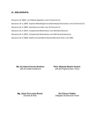 IX.- BIBLIOGRAFIA
Educacion,M. (2007). Los PoliedrosRegulares. Lima:El ComercioS.A.
Educacion,M. d. (2007). AspectosMetodologicos en elAprendizajedeFunciones. Lima:El ComercioS.A.
Educacion,M. d. (2007). Geometris en el Cielo. Lima: El ComercioS.A.
Educacion,M. d. (2017). CompetenciasMatematicas. Lima:BibliotecaNacional.
Educacion,M. d. (2017). CompetenciasMatematicas. Lima:Ministeriode Educacion.
Educacion,M. d. (2020). Diceño CurricularBasico NacionalEducacion Fisica. Lima: MED.
MG. ALFONSO ATOCCSA APARICIO
Jefe de Unidad Académica
PROF. BENIGNO QUISPE VICENTE
Jefe del Programa Educ. Física
Mg. JESÚS CAYLLAHUA ROJAS
Docente de Área
EST.CECILIA YOMIRA
Delegado de Educación Inicial
 