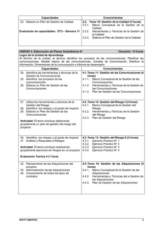 IESTP CIBERTEC 4
Capacidades Conocimientos
23. Elabora un Plan de Gestión de Calidad
Evaluación de capacidades: ET3 – Semana 11
3.3. Tema 10: Gestión de la Calidad (3 horas)
3.3.1. Marco Conceptual de la Gestión de la
Calidad
3.3.2. Herramientas y Técnicas de la Gestión de
la Calidad
3.3.3. Elabora el Plan de Gestión de la Calidad.
UNIDAD 4. Elaboración de Planes Subsidiarios IV Duración: 14 horas
Logro de la Unidad de Aprendizaje
Al término de la unidad, el alumno identifica los procesos de las comunicaciones: Planificar las
comunicaciones, Modelo básico de las comunicaciones, Canales de Comunicación, Distribuir la
información, Dimensiones de la comunicación e Informe de desempeño
Capacidades Conocimientos
24. Identifica las herramientas y técnicas de la
Gestión de Comunicaciones
25. Identifica los procesos de las
comunicaciones
26. Elabora un Plan de Gestión de las
Comunicaciones
4.1. Tema 11: Gestión de las Comunicaciones (4
horas)
4.1.1. Marco Conceptual de la Gestión de las
Comunicaciones
4.1.2. Herramientas y Técnicas de la Gestión de
las Comunicaciones
4.1.3. Plan de Gestión de las Comunicaciones
27. Utiliza las herramientas y técnicas de la
Gestión del Riesgo
28. Identifica los riesgos y el grado de impacto
29. Elabora un Plan de Gestión de las
Comunicaciones
Actividad: El tema concluye elaborando
grupalmente un plan de gestión del riesgo del
proyecto
4.2. Tema 12: Gestión del Riesgo I (4 horas)
4.2.1. Marco Conceptual de la Gestión del
Riesgo
4.2.2. Herramientas y Técnicas de la Gestión
del Riesgo
4.2.3. Plan de Gestión del Riesgo
30. Identifica los riesgos y el grado de impacto
31. Análisis y Respuesta a Riesgos
Actividad: El tema concluye resolviendo
grupalmente ejercicios de riesgos en un proyecto
Evaluación Teórica 4 (1 hora)
4.3. Tema 13: Gestión del Riesgo II (3 horas)
4.3.1. Ejercicio Practico N° 1
4.3.2. Ejercicio Practico N° 2
4.3.3. Ejercicio Practico N° 3
4.3.4. Ejercicio Practico N° 4
32. Planeamiento de las Adquisiciones del
proyecto
33. Administración de las Adquisiciones
34. Conocimiento de todos los tipos de
contratos
4.4. Tema 14: Gestión de las Adquisiciones (4
horas)
4.4.1. Marco Conceptual de la Gestión de las
Adquisiciones
4.4.2. Herramientas y Técnicas del a Gestión de
las Adquisiciones
4.4.3. Plan de Gestión de las Adquisiciones
 