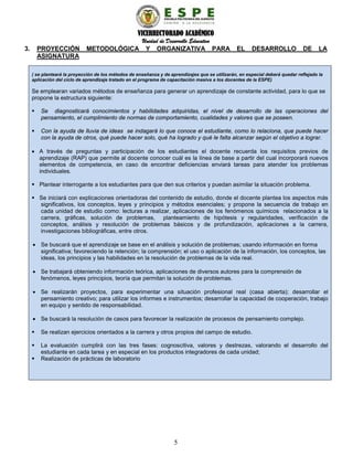 VICERRECTORADO ACADÉMICO
Unidad de Desarrollo Educativo
3. PROYECCIÓN METODOLÓGICA Y ORGANIZATIVA PARA EL DESARROLLO DE LA
ASIGNATURA
( se planteará la proyección de los métodos de enseñanza y de aprendizajes que se utilizarán, en especial deberá quedar reflejado la
aplicación del ciclo de aprendizaje tratado en el programa de capacitación masiva a los docentes de la ESPE)
Se emplearan variados métodos de enseñanza para generar un aprendizaje de constante actividad, para lo que se
propone la estructura siguiente:
 Se diagnosticará conocimientos y habilidades adquiridas, el nivel de desarrollo de las operaciones del
pensamiento, el cumplimiento de normas de comportamiento, cualidades y valores que se poseen.
 Con la ayuda de lluvia de ideas se indagará lo que conoce el estudiante, como lo relaciona, que puede hacer
con la ayuda de otros, qué puede hacer solo, qué ha logrado y qué le falta alcanzar según el objetivo a lograr.
• A través de preguntas y participación de los estudiantes el docente recuerda los requisitos previos de
aprendizaje (RAP) que permite al docente conocer cuál es la línea de base a partir del cual incorporará nuevos
elementos de competencia, en caso de encontrar deficiencias enviará tareas para atender los problemas
individuales.
 Plantear interrogante a los estudiantes para que den sus criterios y puedan asimilar la situación problema.
 Se iniciará con explicaciones orientadoras del contenido de estudio, donde el docente plantea los aspectos más
significativos, los conceptos, leyes y principios y métodos esenciales; y propone la secuencia de trabajo en
cada unidad de estudio como: lecturas a realizar, aplicaciones de los fenómenos químicos relacionados a la
carrera, gráficas, solución de problemas, planteamiento de hipótesis y regularidades, verificación de
conceptos, análisis y resolución de problemas básicos y de profundización, aplicaciones a la carrera,
investigaciones bibliográficas, entre otros.
• Se buscará que el aprendizaje se base en el análisis y solución de problemas; usando información en forma
significativa; favoreciendo la retención; la comprensión; el uso o aplicación de la información, los conceptos, las
ideas, los principios y las habilidades en la resolución de problemas de la vida real.
• Se trabajará obteniendo información teórica, aplicaciones de diversos autores para la comprensión de
fenómenos, leyes principios, teoría que permitan la solución de problemas.
• Se realizarán proyectos, para experimentar una situación profesional real (casa abierta); desarrollar el
pensamiento creativo; para utilizar los informes e instrumentos; desarrollar la capacidad de cooperación, trabajo
en equipo y sentido de responsabilidad.
• Se buscará la resolución de casos para favorecer la realización de procesos de pensamiento complejo.
 Se realizan ejercicios orientados a la carrera y otros propios del campo de estudio.
 La evaluación cumplirá con las tres fases: cognoscitiva, valores y destrezas, valorando el desarrollo del
estudiante en cada tarea y en especial en los productos integradores de cada unidad;
 Realización de prácticas de laboratorio
5
 