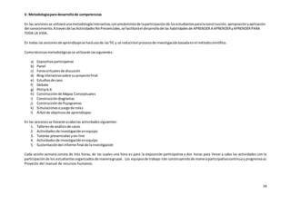 14
V. Metodologíapara desarrollode competencias
En las sesionesse utilizaráunametodologíainteractiva,conpredominiode laparticipaciónde losestudiantesparalaconstrucción,apropiaciónyaplicación
del conocimiento.A travésde lasActividadesNoPresenciales,se facilitaráel desarrollode las habilidadesde APRENDERA APRENDERyAPRENDERPARA
TODA LA VIDA.
En todas lassesionesde aprendizajese haráusode lasTIC y se induciráel procesode investigaciónbasadaenel métodocientífico.
Comotécnicasmetodológicasse utilizaránlassiguientes:
a) Expositivoparticipativo
b) Panel
c) Forosvirtualesde discusión
d) Bloginteractivosobre suproyectofinal
e) Estudiosde caso
f) Debate
g) Philip6-6
h) Construcciónde Mapas Conceptuales
i) Construccióndiagramas
j) Construcciónde flujogramas
k) Simulacionesojuegode roles
l) Árbol de objetivosde aprendizajes
En las sesionesse llevaránacabolas actividadessiguientes:
1. Talleresde análisisde casos
2. Actividadesde investigaciónenequipo
3. Tutorías presenciales yon-line
4. Actividadesde investigaciónenequipo
5. Sustentacióndel informe final de lainvestigación
Cada sesión semana consta de tres horas, de las cuales una hora es para la exposición participativa y dos horas para llevar a cabo las actividades con la
participaciónde los estudiantesorganizadosde maneragrupal. Los equiposde trabajo irán construyendode maneraparticipativacontinuay progresivasu
Proyecto del manual de recursos humanos.
 