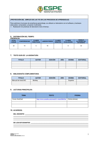 (PROYECCIÓN DEL EMPLEO DE LAS TIC EN LOS PROCESOS DE APRENDIZAJE)
Para optimizar el proceso de enseñanza-aprendizaje, se utilizará un laboratorio con el software y hardware
adecuados: computador, proyector multimedia.
• Realización de prácticas de laboratorio todo el tiempo.
6. DISTRIBUCIÓN DEL TIEMPO:
PRESENCIAL
TOTAL
HORAS
CONFERENCIAS
CLASES
PRÁCTICAS
LABORATORIOS
CLASES
DEBATES
CLASES
EVALUACIÓN
TRABAJO
AUTÓNOMO DEL
ESTUDIANTE
32 10 0 16 6 32
7. TEXTO GUÍA DE LA ASIGNATURA
TITULO AUTOR EDICIÓN AÑO IDIOMA EDITORIAL
8. BIBLIOGRAFÍA COMPLEMENTARIA
TITULO AUTOR EDICIÓN AÑO IDIOMA EDITORIAL
Manual de AutoCAD Bentley Español
9. LECTURAS PRINCIPALES:
TEMA TEXTO PÁGINA
Curso AutoCad http://www.youtube.com/watch?v=x6etiXB6Tdc (Varios temas)
10. ACUERDOS:
DEL DOCENTE: ____________________________________________________________________________
__________________________________________________________________________________________
__________________________________________________________________________________________
__________________________________________________________________________________________
DE LOS ESTUDIANTES: _____________________________________________________________________
__________________________________________________________________________________________
__________________________________________________________________________________________
CÓDIGO: SGC.DI.321
VERSIÓN: 1.2
FECHA ÚLTIMA REVISIÓN: 09/10/13
5
 